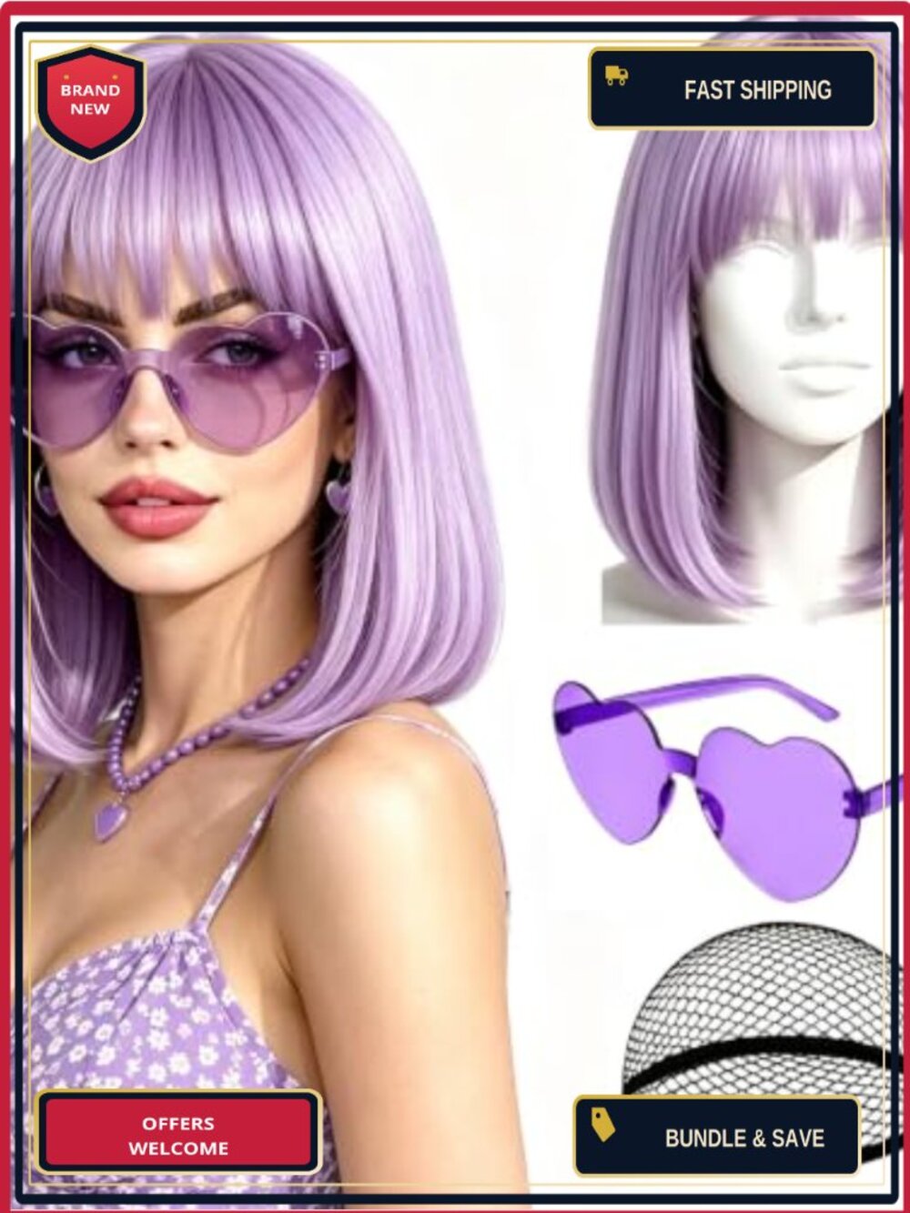 Synthetic Fiber Bob Wig with Heart Sunglasses Costume Set